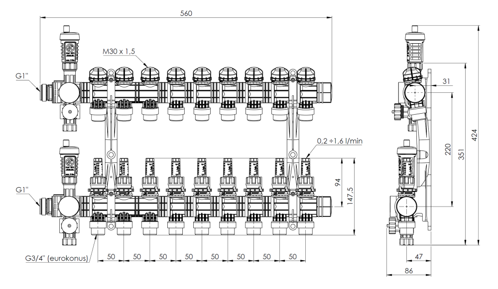 81369 ProCalida EF1 na 9 obiegów grzewczych, rotametry 0,2 ÷ 1,6 l/min, G1" - wymiary AFRISO 1