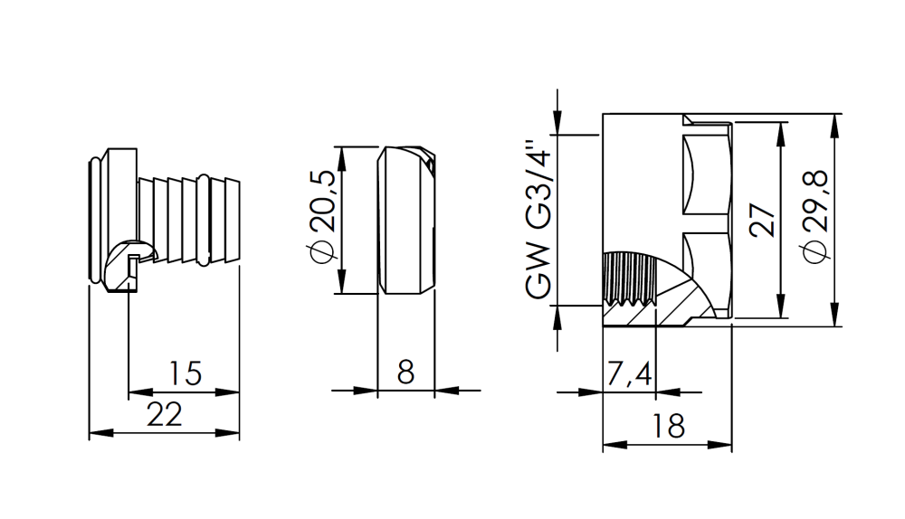 81277 Złączka zaciskowa uniwersalna do rur z tworzywa z gwintem 3/4", 16x2 mm - wymiary AFRISO 1