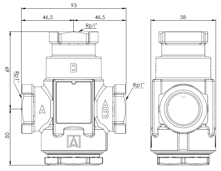 1633310 Zawór temperaturowy ATV 333, DN25, Rp1", kvs 9, 45°C - wymiary AFRISO 1