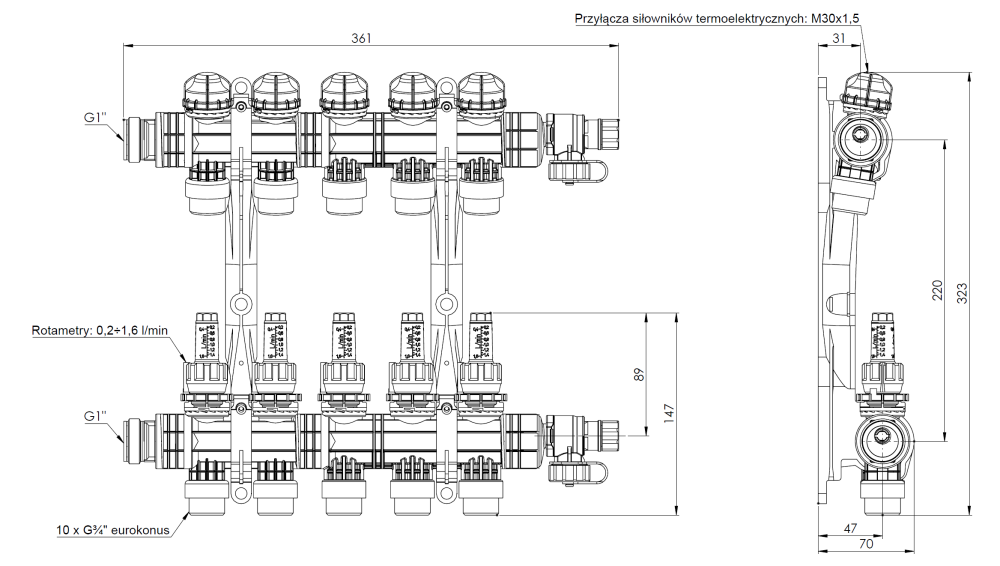 81265 ProCalida EF1 K 5 obiegów grzewczych, G1", 0,2÷1,6 l/min - wymiary AFRISO 1