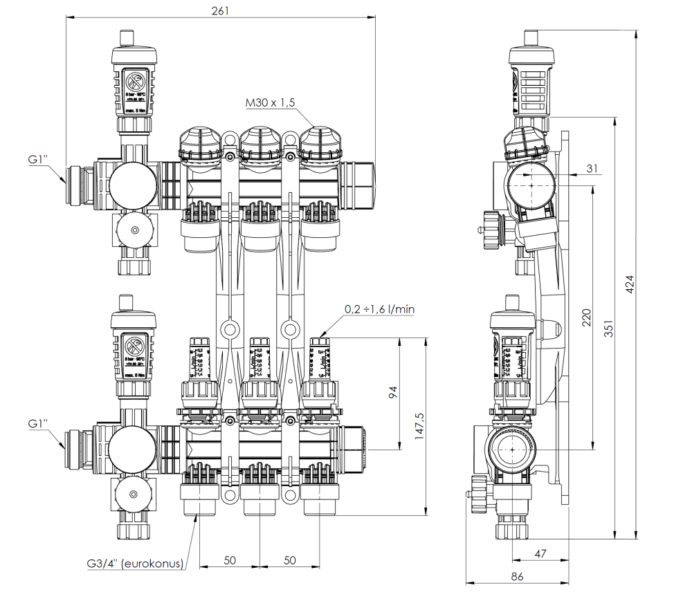 81363 ProCalida EF1 na 3 obiegi grzewcze, rotametry 0,2÷1,6 l/min, G1" - wymiary AFRISO 1