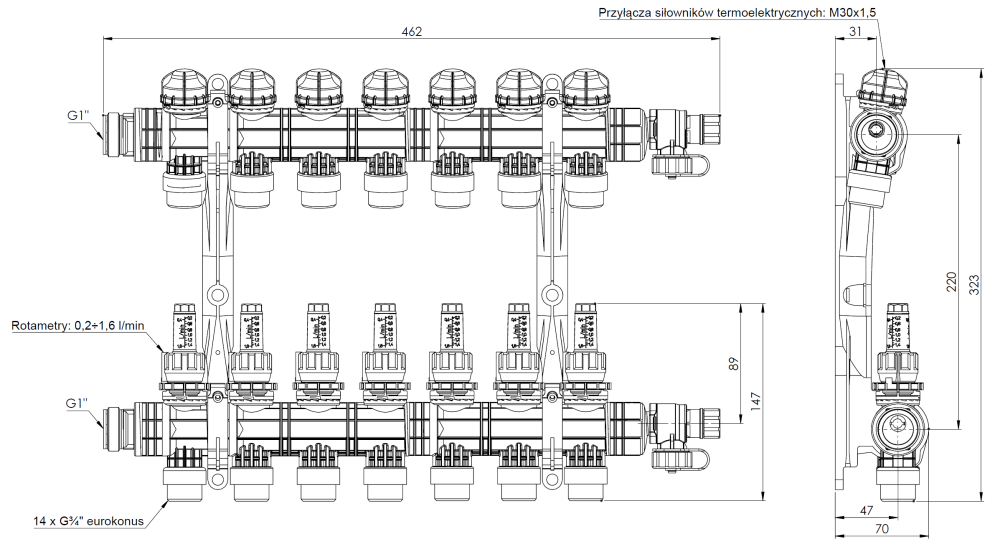 81267 ProCalida EF1 K 7 obiegów grzewczych, G1", 0,2÷1,6 l/min - wymiary AFRISO 1