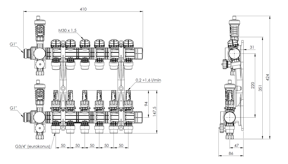 81366 ProCalida EF1 na 6 obiegów grzewczych, rotametry 0,2÷1,6 l/min, G1" - wymiary AFRISO 1