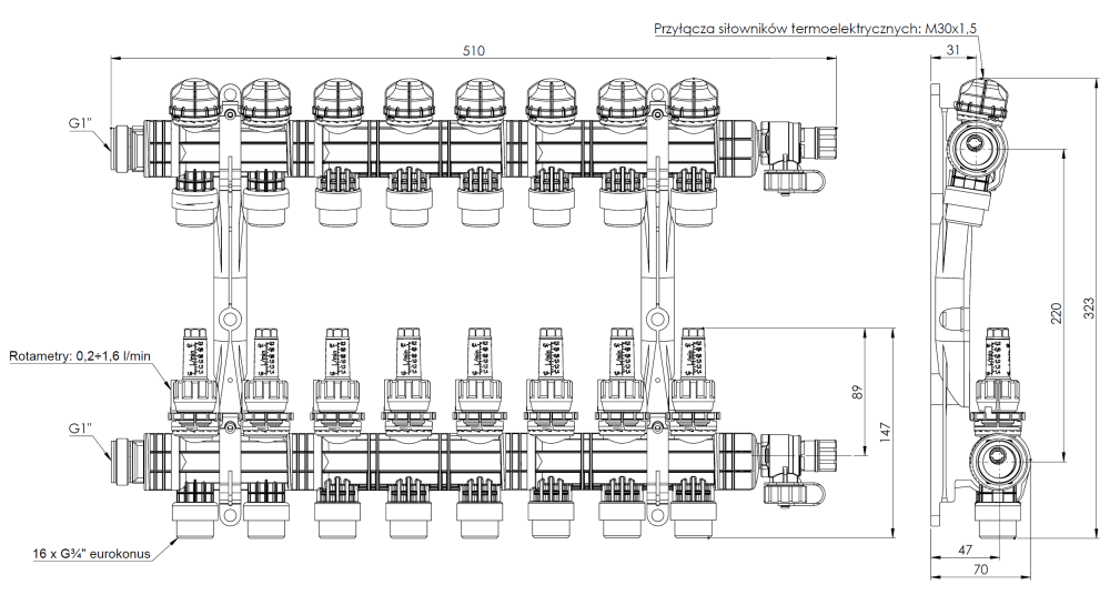 81268 ProCalida EF1 K 8 obiegów grzewczych, G1", 0,2÷1,6 l/min - wymiary AFRISO 1