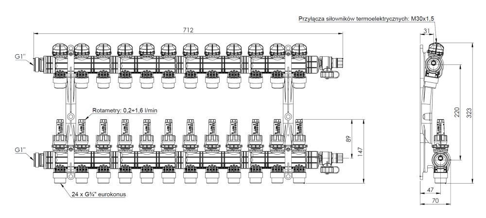 81272 ProCalida EF1 K 12 obiegów grzewczych, G1", 0,2÷1,6 l/min - wymiary AFRISO 1