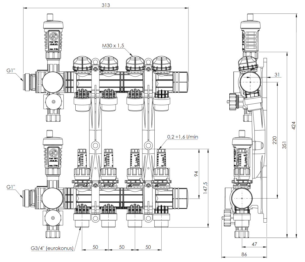 81364 ProCalida EF1 na 4 obiegi grzewcze, rotametry 0,2÷1,6 l/min, G1" - wymiary AFRISO 1