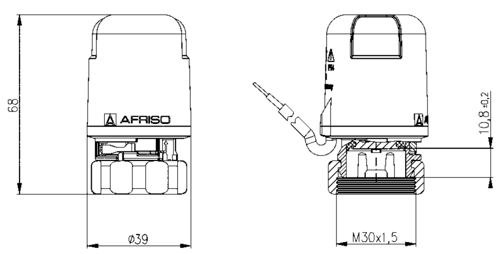 79066 Siłownik termoelektryczny TSA 12, M30 x 1,5 mm, 230 V AC, NC - wymiary AFRISO 1