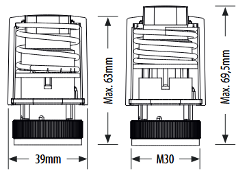T30NO230 Siłownik termoelektryczny, M30 x 1,5 mm, 230 V AC, NO - wymiary AFRISO 1