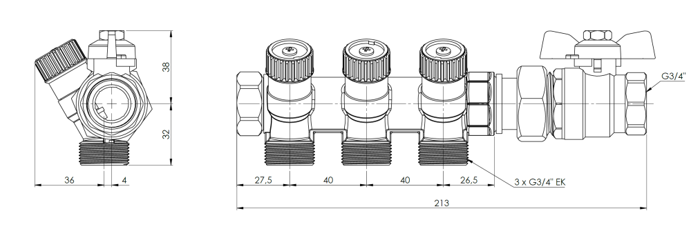 2220300 Zestaw podstawowy rozdzielacza do wody pitnej ADM 203, G3/4" - wymiary AFRISO 1