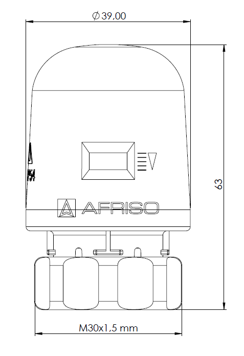 79061 WYCOFANY Z OFERTY - Siłownik termoelektryczny TSA-01, nakrętka M30 x 1,5 mm, 230 V AC, NC - wymiary AFRISO 1