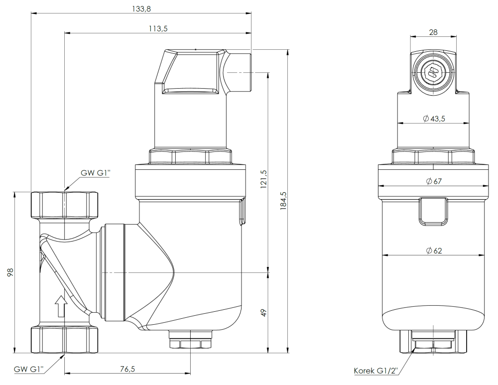 7726000 Separator powietrza AAS 260, z odpowietrznikiem automatycznym, przyłącze ruchome GW G1'' - wymiary AFRISO 1
