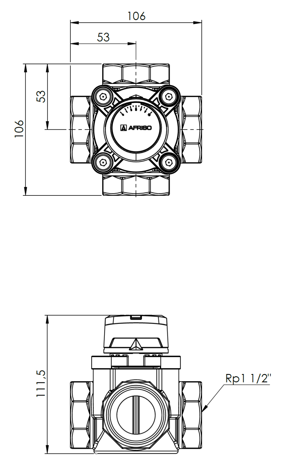 1348620 4-drogowy obrotowy zawór mieszający ARV 486 ProClick, DN40, Rp1 1/2", Kvs 24 - wymiary AFRISO 1