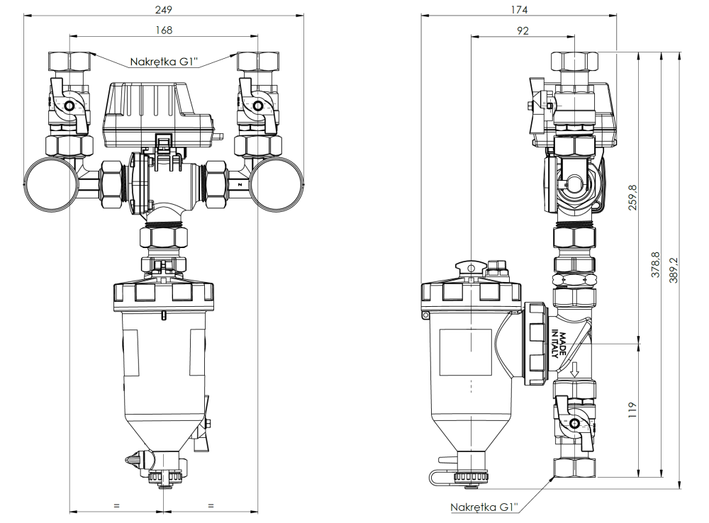 7602000 AMB Lite DN20 – Zespół powrotu do pompy ciepła AMB Lite z zaworem przełączającym USV, separatorem zanieczyszczeń ADS 160, DN20, przyłącza G1” - wymiary AFRISO 1
