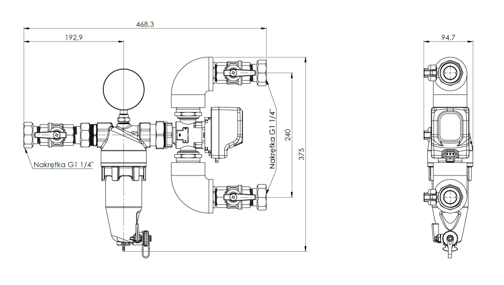 7602500 AMB Lite DN25 - Zespół powrotu do pompy ciepła AMB Lite z zaworem przełączającym AZV, separatorem zanieczyszczeń ADS 181, DN25, przyłącza G1 1/4” - wymiary AFRISO 1