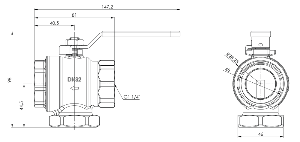 9025300 Zawór kulowy z filtrem siatkowym i magnesem BFV 253, GW G1 1/4" - wymiary AFRISO 1