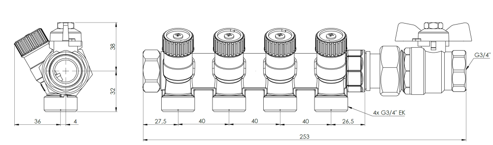 2220400 Zestaw podstawowy rozdzielacza do wody użytkowej ADM 204, G3/4", 4 punkty poboru - wymiary AFRISO 1