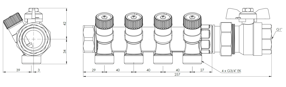 2221400 Zestaw podstawowy rozdzielacza do wody użytkowej ADM 214, G1", 4 punkty poboru - wymiary AFRISO 1