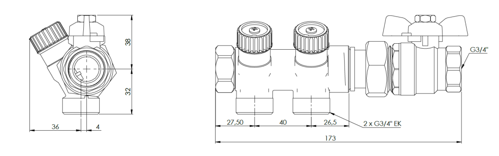 2240200 Moduł ADM 402 do cyrkulacji c.w.u., 2 punkty poboru, 2 korki, zawór odcinający, G3/4" - wymiary AFRISO 1