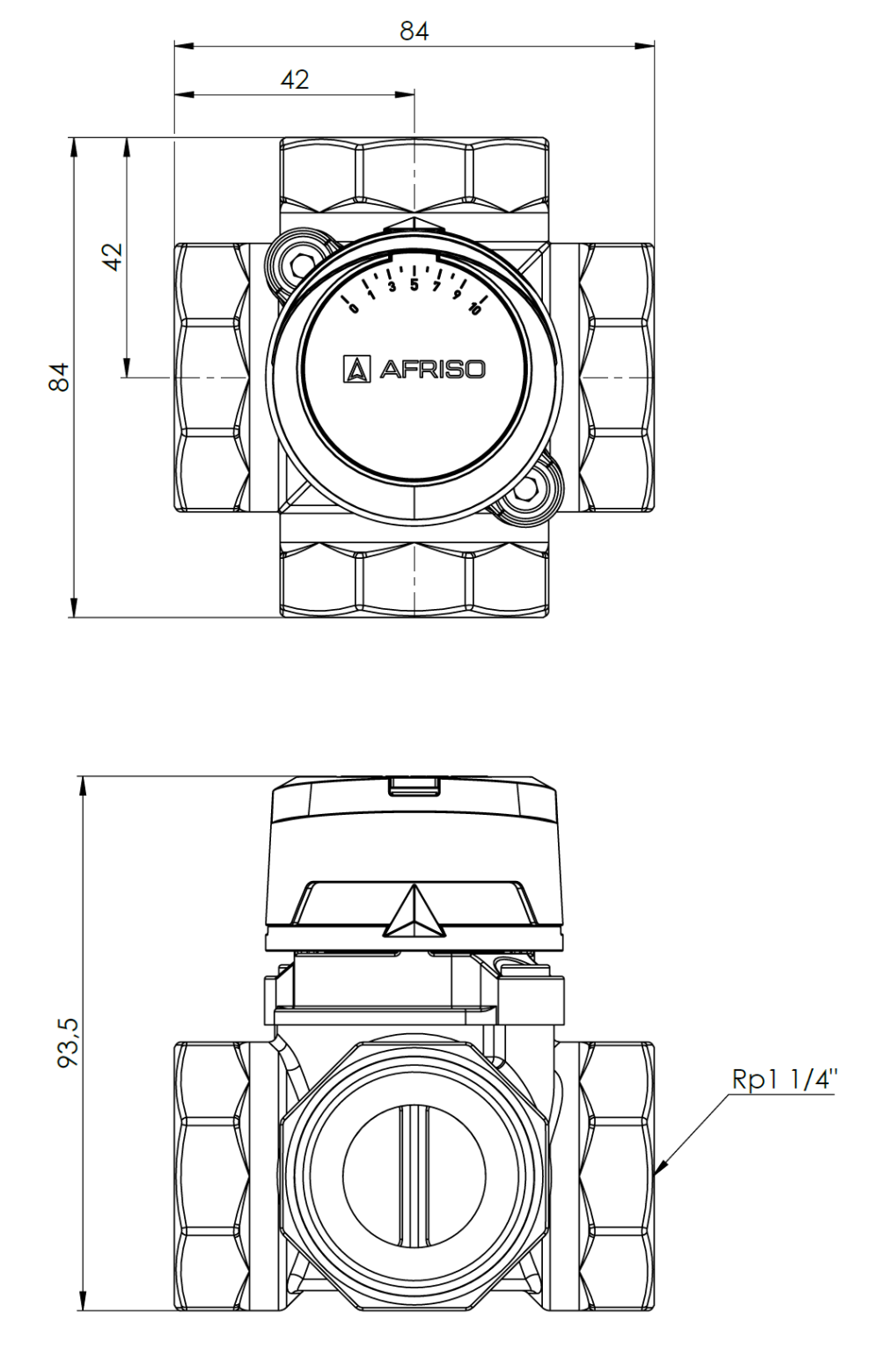 1348520 4-drogowy obrotowy zawór mieszający ARV 485 ProClick, DN32, Rp1 1/4", Kvs 18 - wymiary AFRISO 1