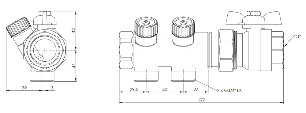2241200 Moduł ADM 412 do cyrkulacji c.w.u., 2 punkty poboru, 2 korki, zawór odcinający, G1" - wymiary AFRISO 1