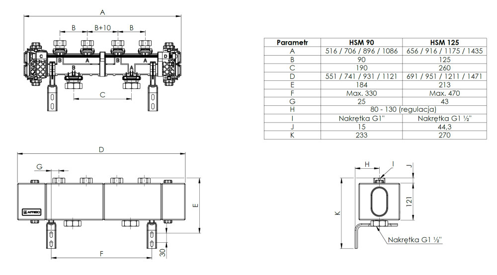 79603 Multifunkcyjny rozdzielacz ProFusion HSM 90-3, bez/ze sprzęgłem hydraulicznym, 80kW, dla 3 obiegów pompowych - wymiary AFRISO 1
