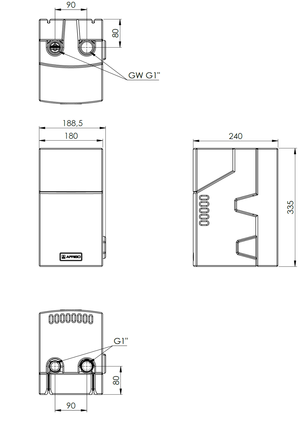 77342 Grupa pompowa PrimoTherm C130-2 DN20 3-WM-SM Vario GP, zawór mieszający ARV Kvs Vario, siłownik ARM 343, pompa Grundfos - wymiary AFRISO 1