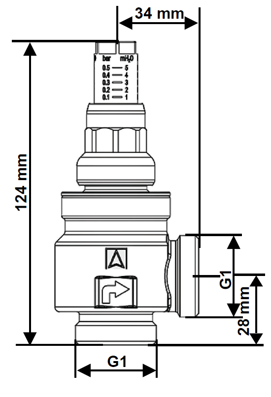 42297 Zawór upustowy różnicy ciśnień DPOH E, kątowy, z nastawą 0,1÷0,5 bar, 2 x G1" - wymiary AFRISO 1