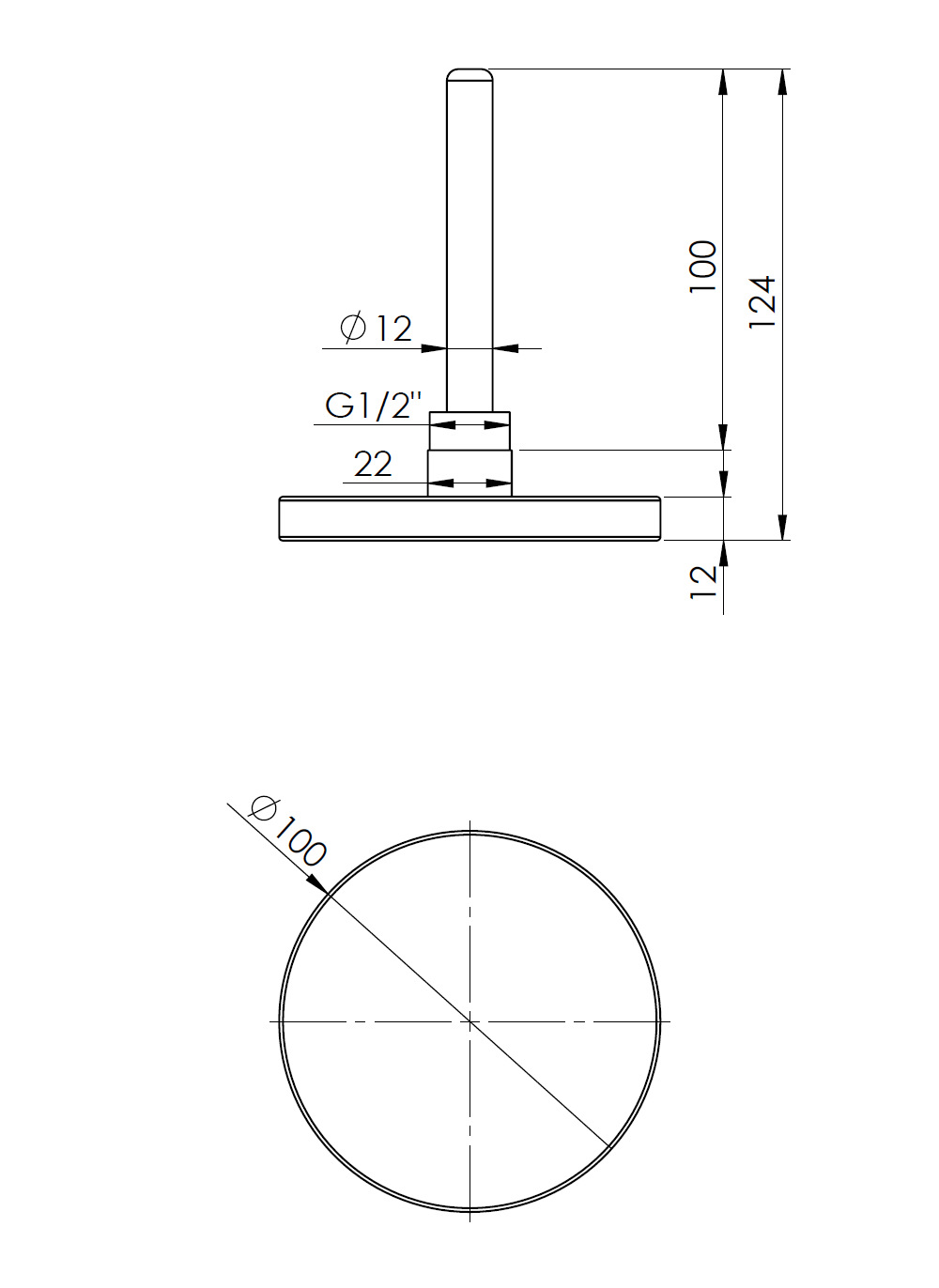 63813 Termometr bimetaliczny BiTh 100, fi100 mm, 0÷120°C, L 100 mm, G1/2", ax, kl. 2 - wymiary AFRISO 1