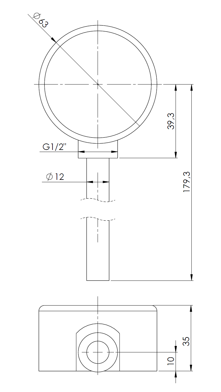 64046 Termometr bimetaliczny BiTh 63, fi63 mm, 0÷60°C, L 150 mm, G1/2", rad, kl. 2 - wymiary AFRISO 1