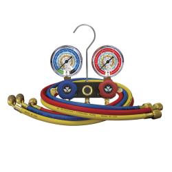 Dwudrogowa, aluminiowa oprawa zaworowa z manometrami klasy 1.6, średnicy 63 mm do R134a, R22, R12, R404A z przewodami 3 x 90 cm