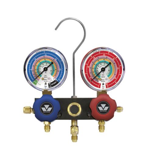 93772-E Dwudrogowa, aluminiowa oprawa zaworowa z manometrami klasy 1.6, średnicy 63 mm do R410A, R507A, R404A, R22 z przewodami 3 x 180 cm - galeria AFRISO 1