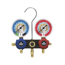 Dwudrogowa, aluminiowa oprawa zaworowa z manometrami klasy 1.6, średnicy 80 mm do R134a, R22, R12, R404A z przewodami 3 x 150 cm