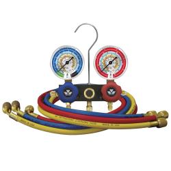 Dwudrogowa, aluminiowa oprawa zaworowa z manometrami klasy 1.6, średnicy 80 mm do R134a, R22, R12, R404A z przewodami 3 x 90 cm