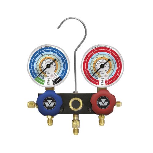 93636-MRB Dwudrogowa, aluminiowa oprawa zaworowa z manometrami klasy 1.6, średnicy 80 mm do R134a, R22, R12, R404A z przewodami 3 x 90 cm - galeria AFRISO 1