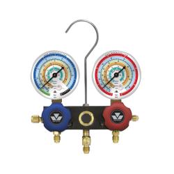 Dwudrogowa, aluminiowa oprawa zaworowa z manometrami klasy 1.6, średnicy 80 mm do R134a, R404A, R407C, R22, R507A z przewodami 3 x 150 cm zakończonymi zaworami kulowymi