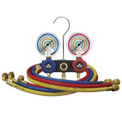 Dwudrogowa, aluminiowa oprawa zaworowa z manometrami klasy 1.6, średnicy 80 mm do R134a, R404A, R407C, R22, R507A z przewodami 3 x 150 cm zakończonymi zaworami kulowymi