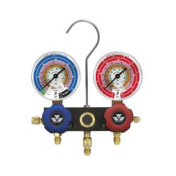 Dwudrogowa, aluminiowa oprawa zaworowa z manometrami klasy 1.6, średnicy 80 mm do R410A, R407A, R22 z przewodami 3 x 150 cm zakończonymi zaworami kulowymi