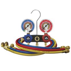 Dwudrogowa, aluminiowa oprawa zaworowa z manometrami klasy 1.6, średnicy 80 mm do R410A, R407A, R22 z przewodami 3 x 150 cm zakończonymi zaworami kulowymi