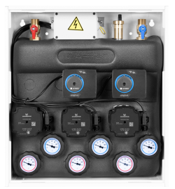 PrimoBox AZB 355 ze sprzęgłem hydraulicznym, 1 obieg bez zmieszania i 2 obiegi z zaworem mieszającym i siłownikiem ARM