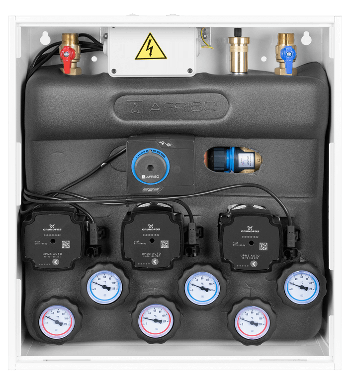 PrimoBox AZB 351 ze sprzęgłem hydraulicznym, 1 obieg bez zmieszania, 1 obieg z zaworem mieszającym i siłownikiem ARM i 1 obieg z zaworem termostatycznym ATM