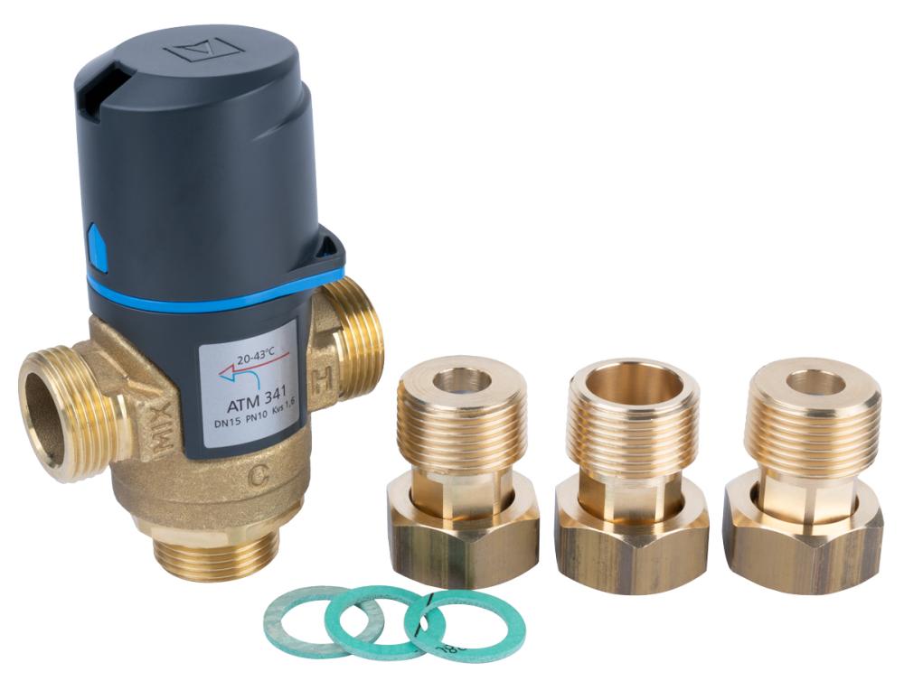 Zestaw termostatycznego zaworu mieszającego ATM 341, DN15, G3/4", 20÷43°C, Kvs 1,6 m³/h, ze śrubunkami