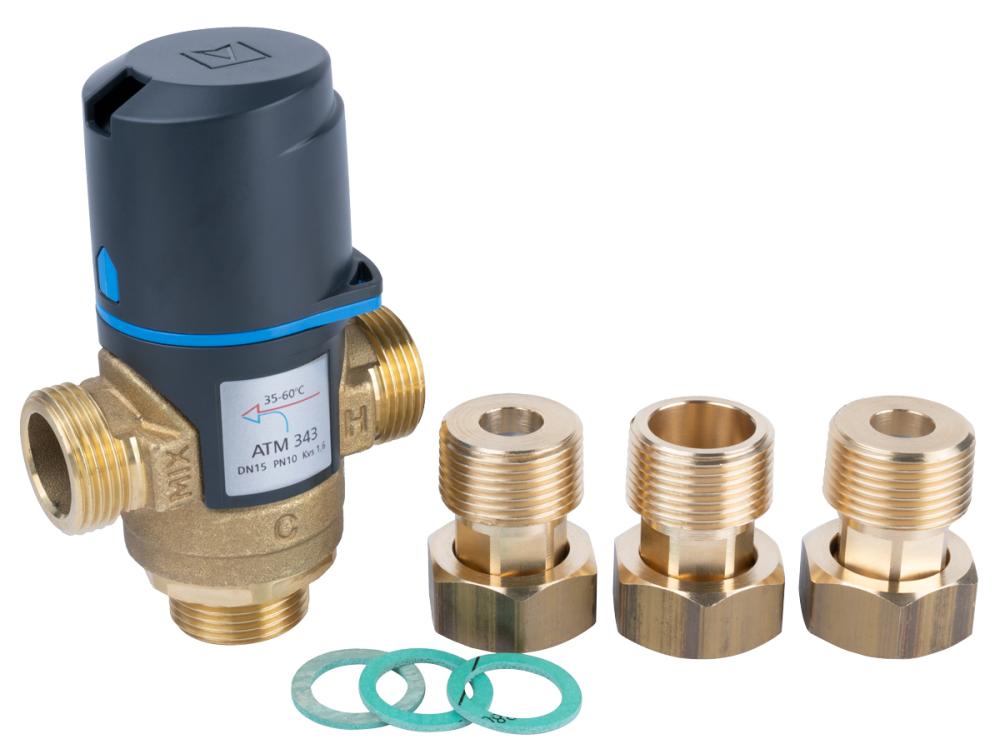 Zestaw termostatycznego zaworu mieszającego ATM 343, DN15, G3/4", 35÷60°C, Kvs 1,6 m³/h, ze śrubunkami