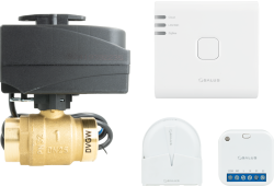 Zestaw przeciwzalaniowy - system bezprzewodowej detekcji wycieku (bramka UG800 + przekaźnik SR600 + czujnik WLS600) z zaworem kulowym z siłownikiem BEV 213, DN25, Kvs 60 m3/h, Rp1"