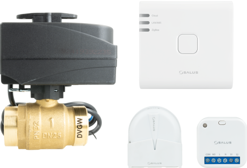 Zestaw przeciwzalaniowy - system bezprzewodowej detekcji wycieku (bramka UG800 + przekaźnik SR600 + czujnik WLS600) z zaworem kulowym z siłownikiem BEV 213, DN25, Kvs 60 m3/h, Rp1"