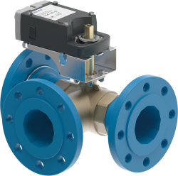 3-drogowy kulowy zawór regulacyjny RBV3F z siłownikiem SM4B, DN100, Kvs 160 m3/h, 24 V AC/DC, 2-pkt. lub 3 -pkt., 150 s., 20 Nm